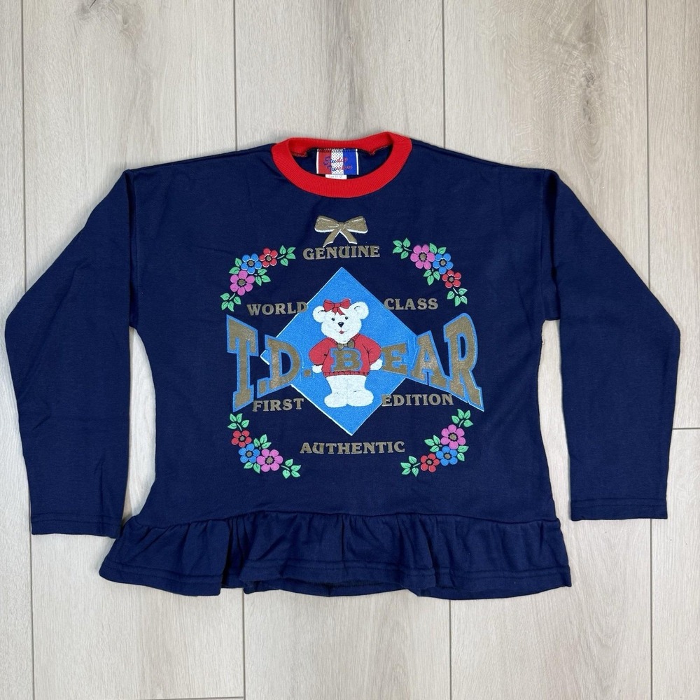 VTG Studio Sweats TD Bear Girls Sweater M 10-12‎ Navy Ruffle Hem USA Acrylic 80s